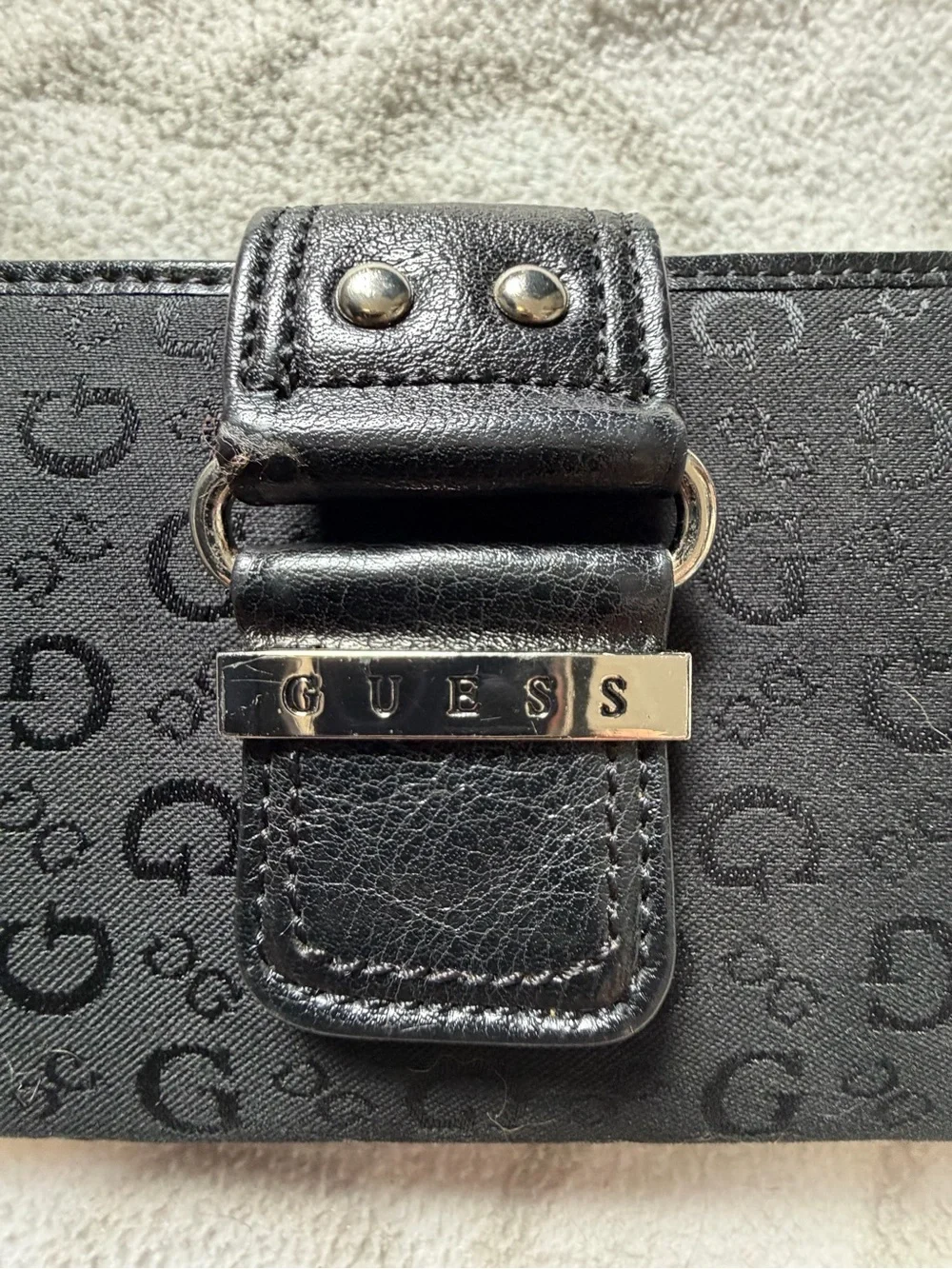 Guess Black Signature Continental Wallet with Silver Plaque